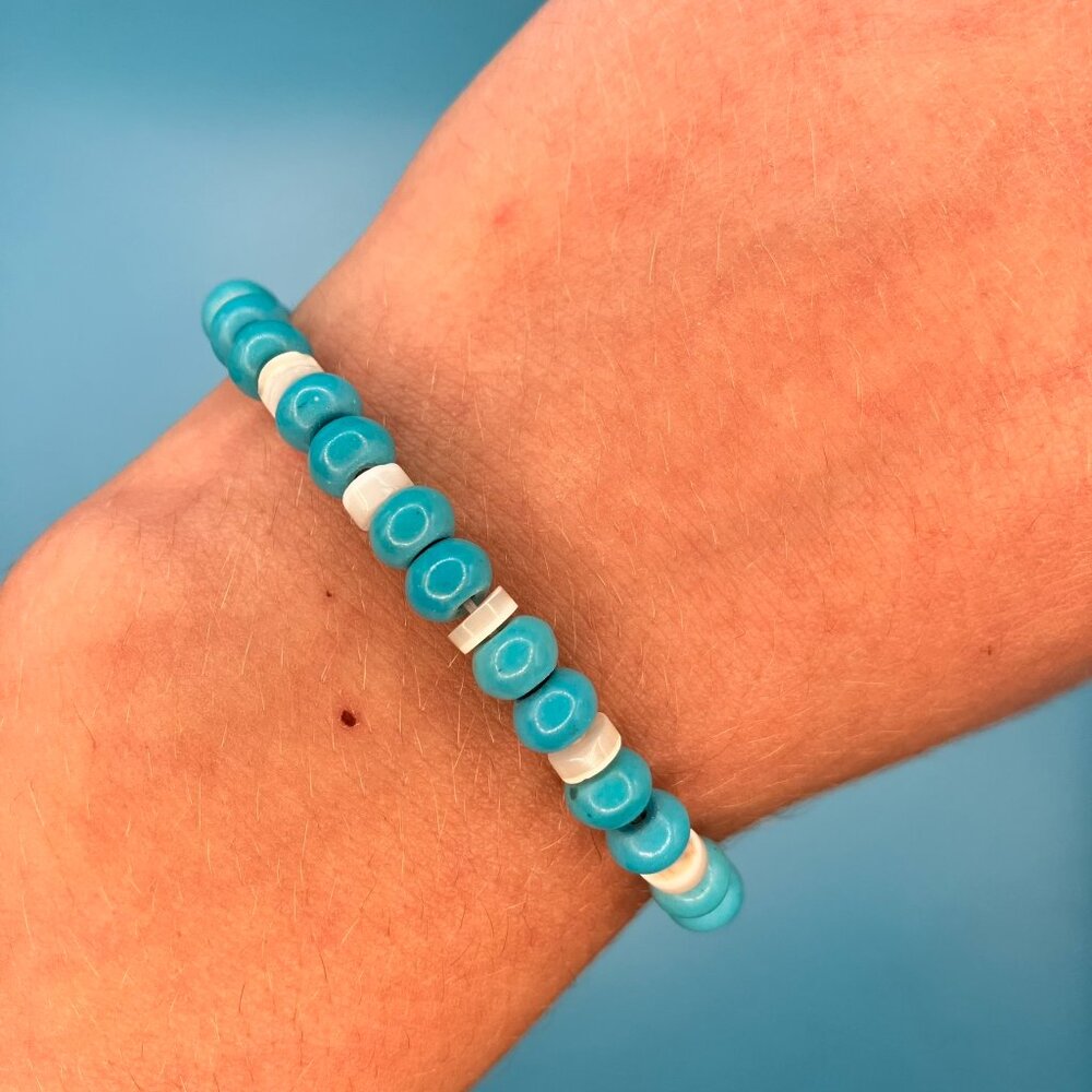Turquoise and Genuine Mother of Pearl Shell Bracelet 7.25 inches Handmade NEW